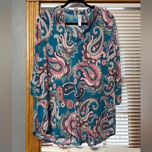 Elegant Paisley Women's Blouse - Teal and Pink